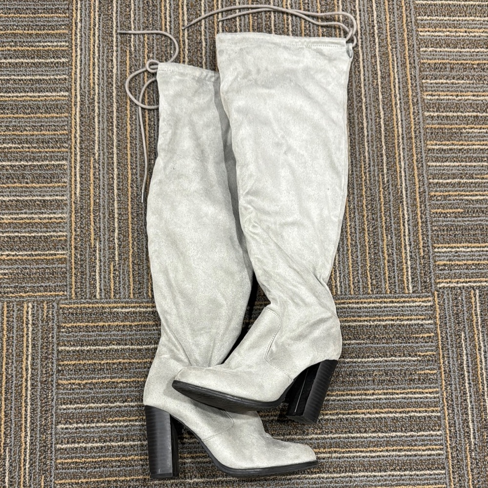 Gray Over-the-Knee Boots with Block Heel